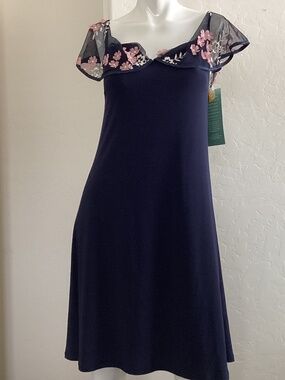 MSK, NWT, sz M, navy blue with pink/ white floral appliqués and embroidery, midi
